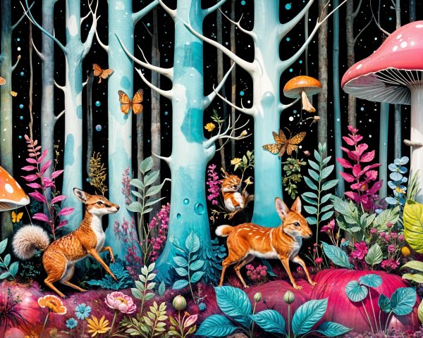Vibrant Fantastical Forest with Whimsical Elements