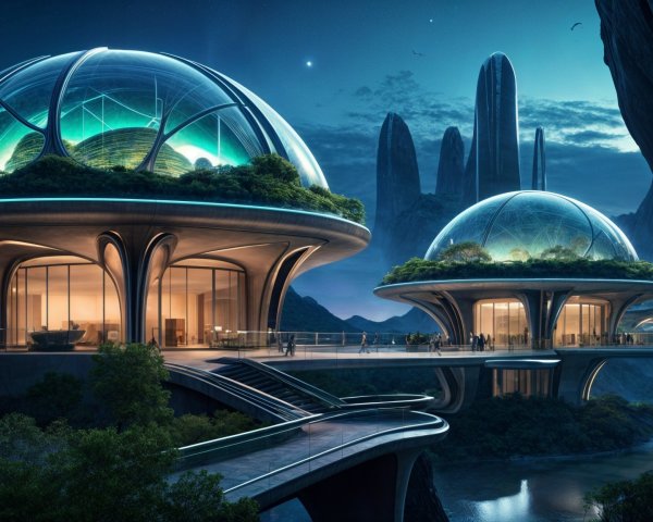 Futuristic architecture with dome-shaped structures and lights
