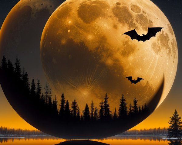 Surreal Landscape with Giant Moon and Tranquil Lake