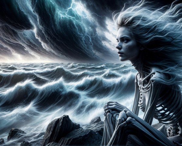 Skeletal Figure on Rocky Shore with Stormy Waves