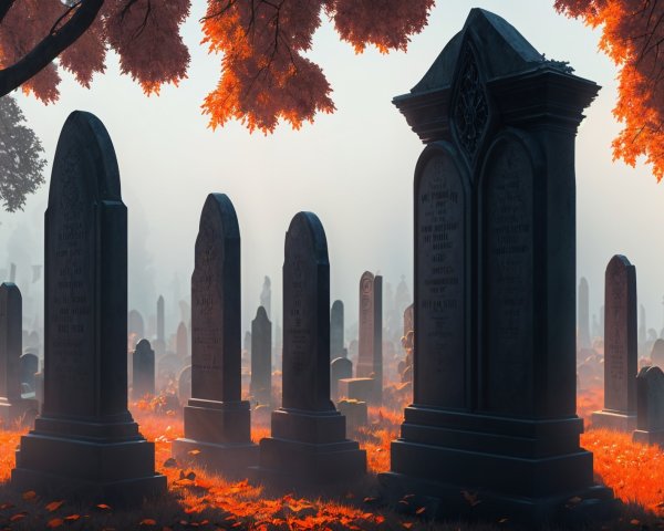 Misty Autumn Graveyard with Vibrant Leaves and Fog