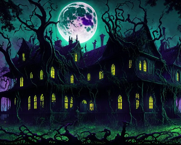Gothic mansion under full moon with eerie landscape