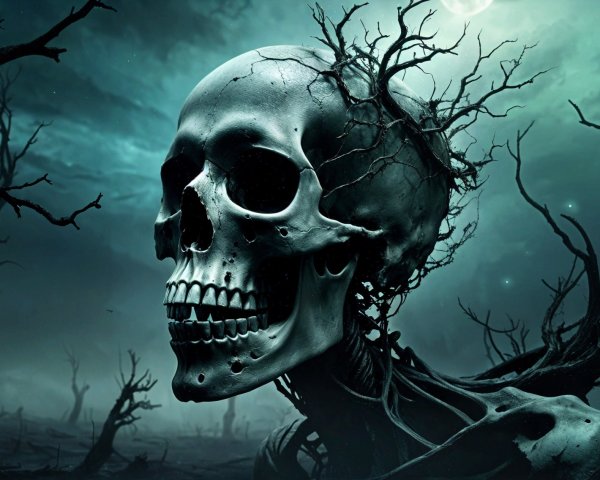 Eerie Skull in a Misty, Desolate Landscape
