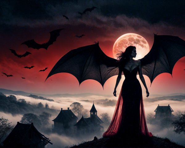 Silhouetted Woman with Wings in Moonlit Landscape