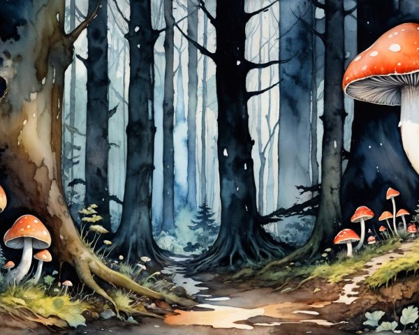 Mystical Forest with Dark Trees and Colorful Fungi