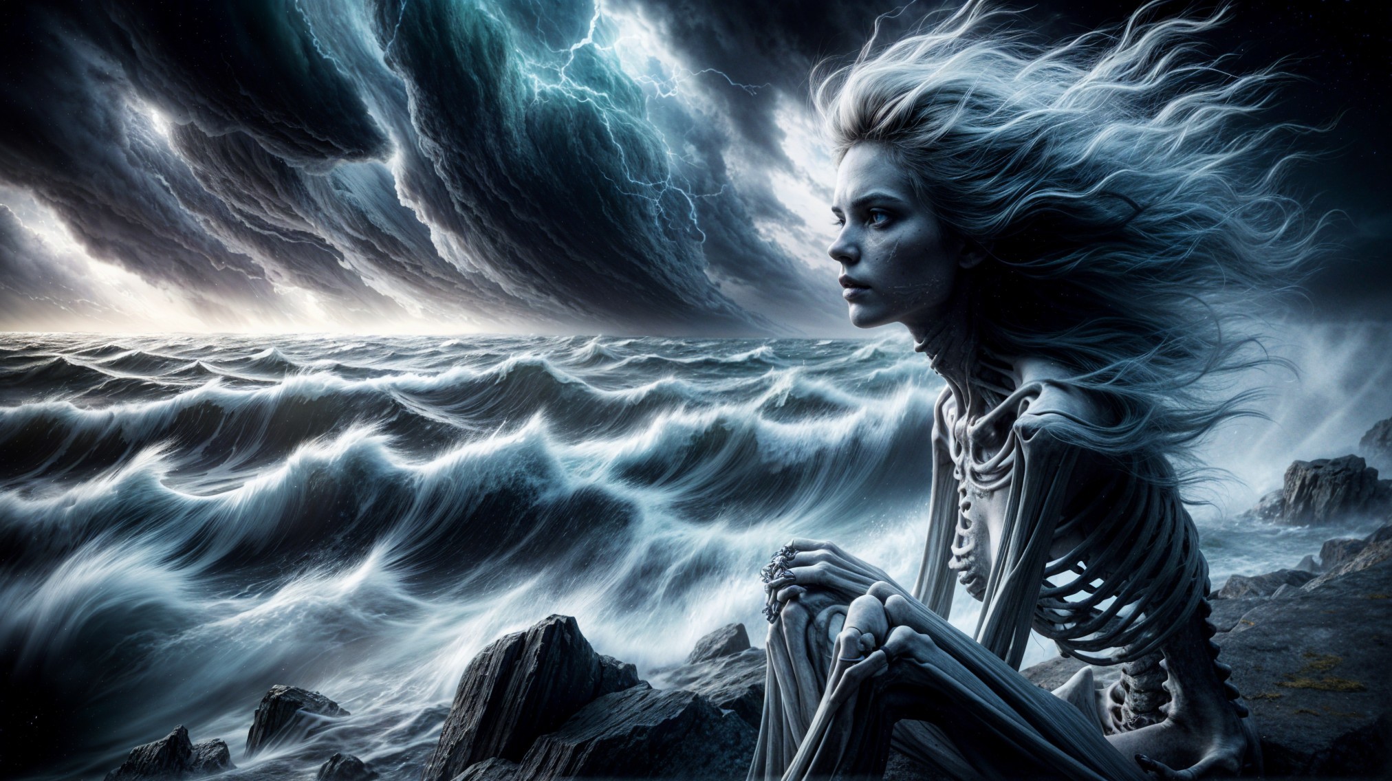 Skeletal Figure on Rocky Shore with Stormy Waves