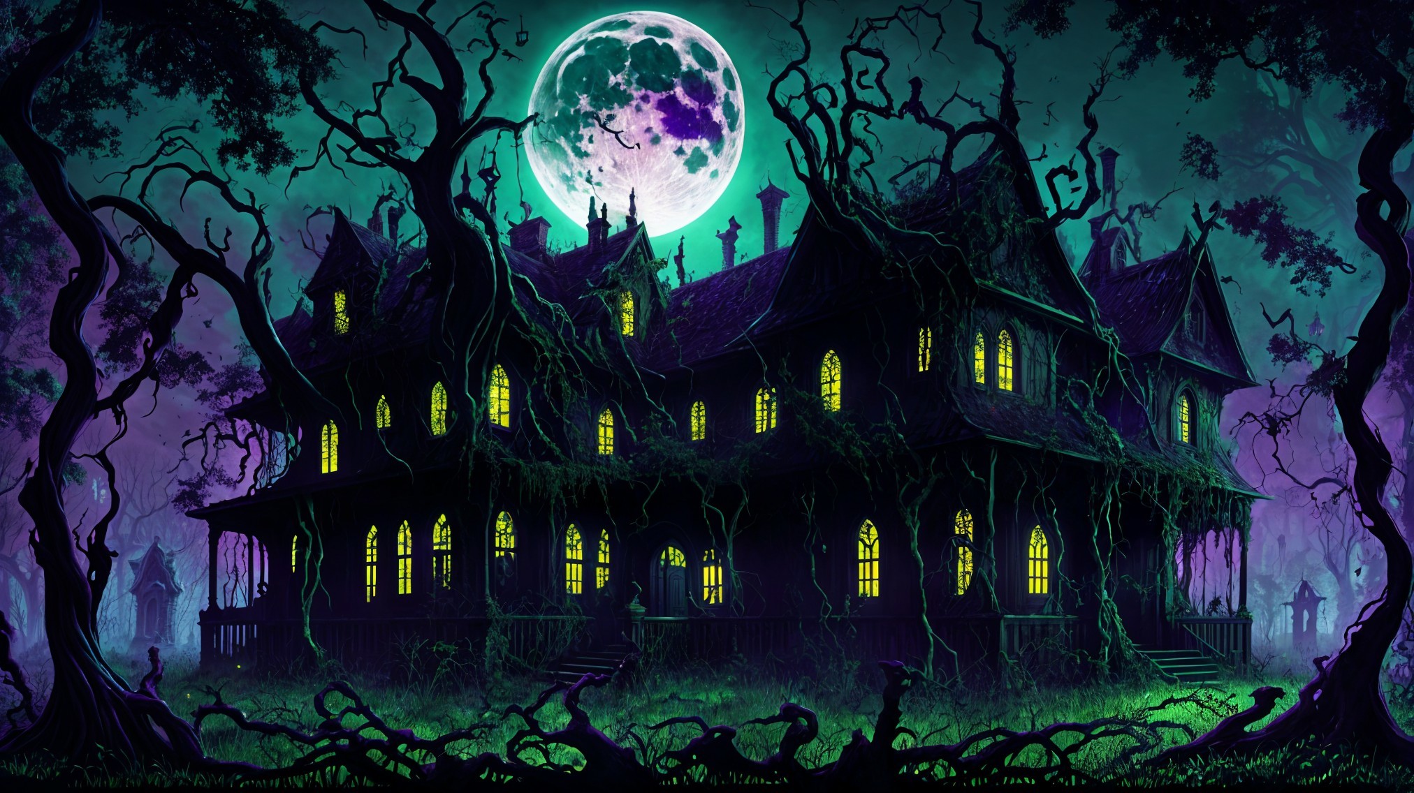 Gothic mansion under full moon with eerie landscape