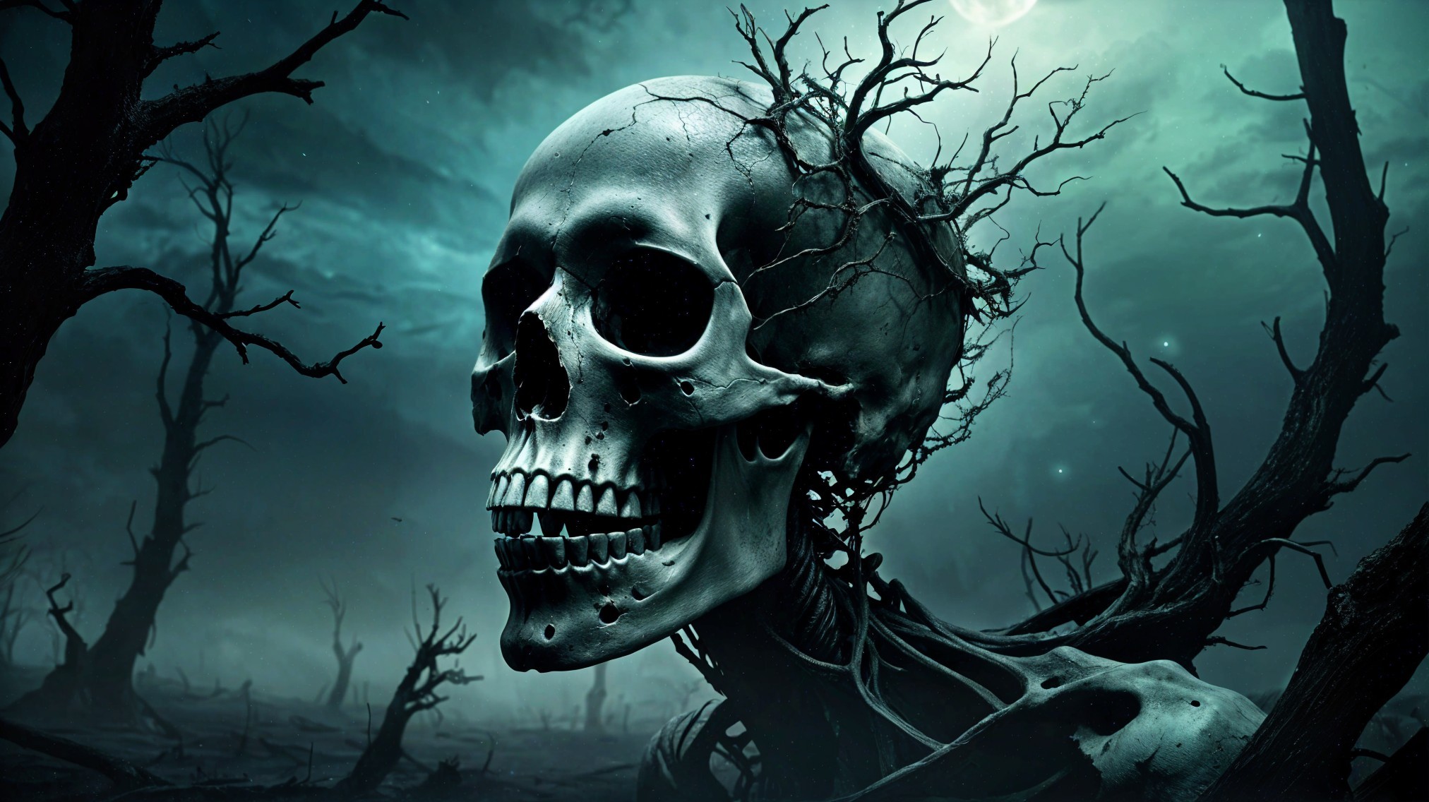 Eerie Skull in a Misty, Desolate Landscape