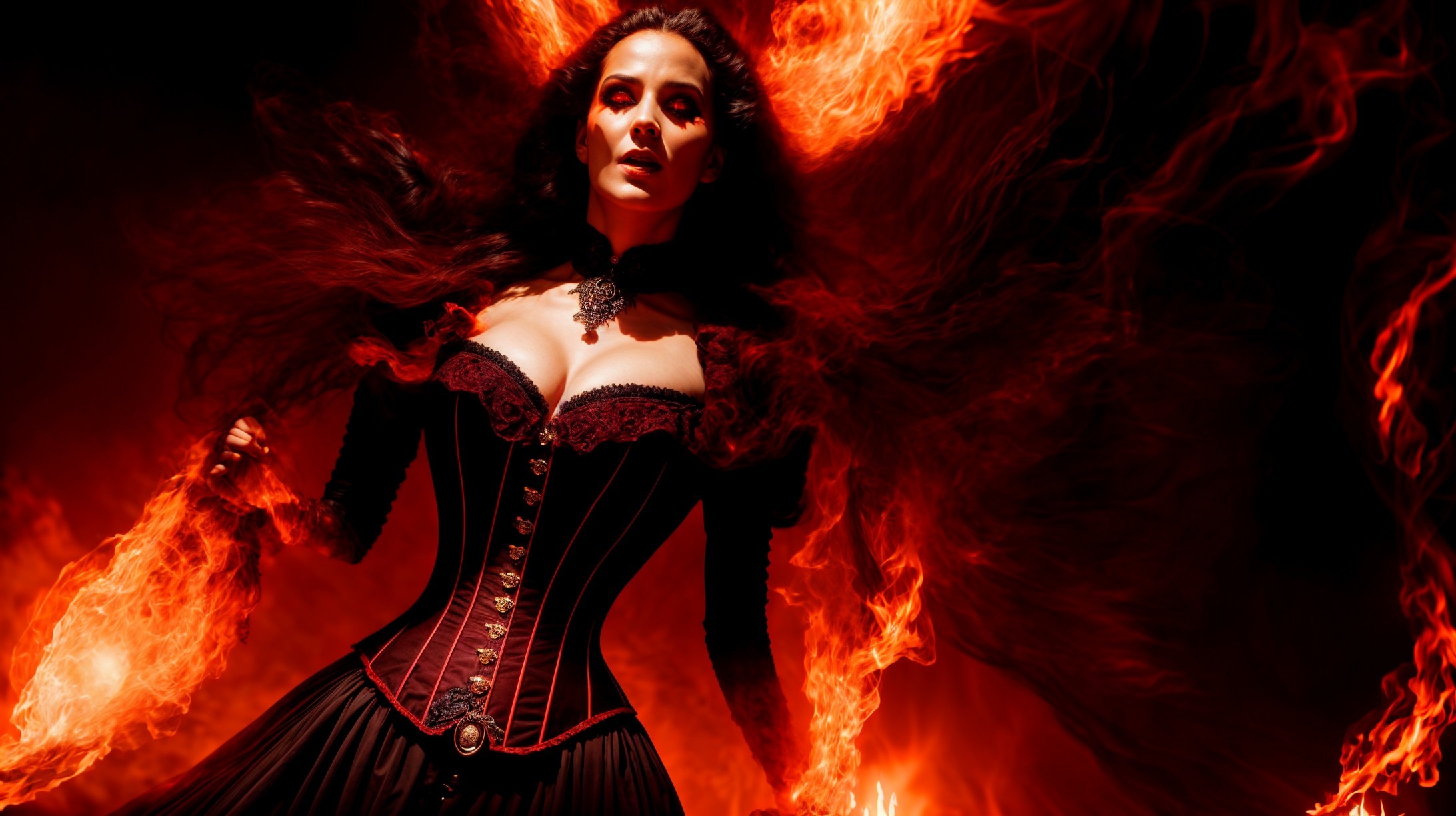 Fiery Figure with Dark Hair and Intricate Corset