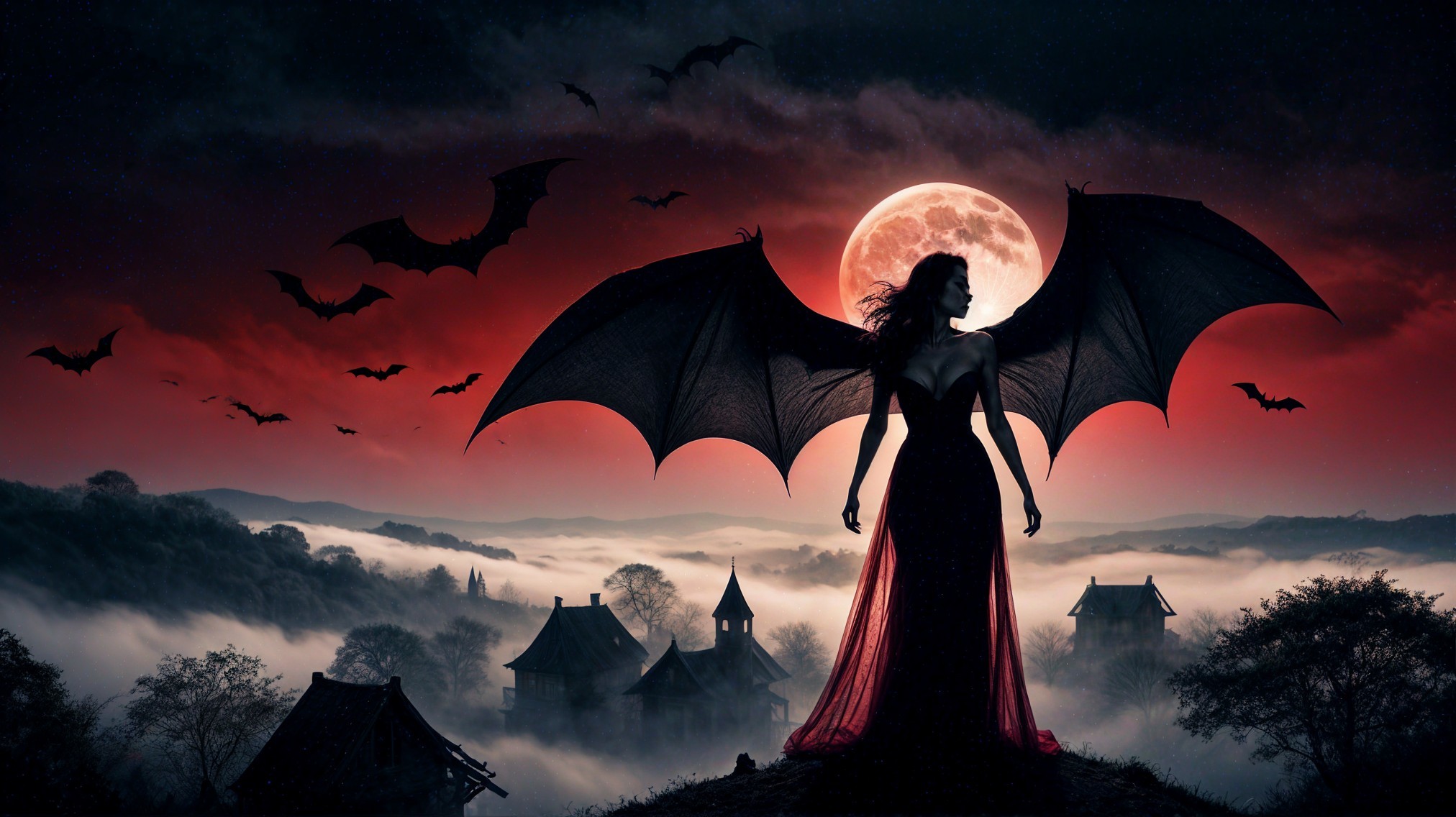 Silhouetted Woman with Wings in Moonlit Landscape