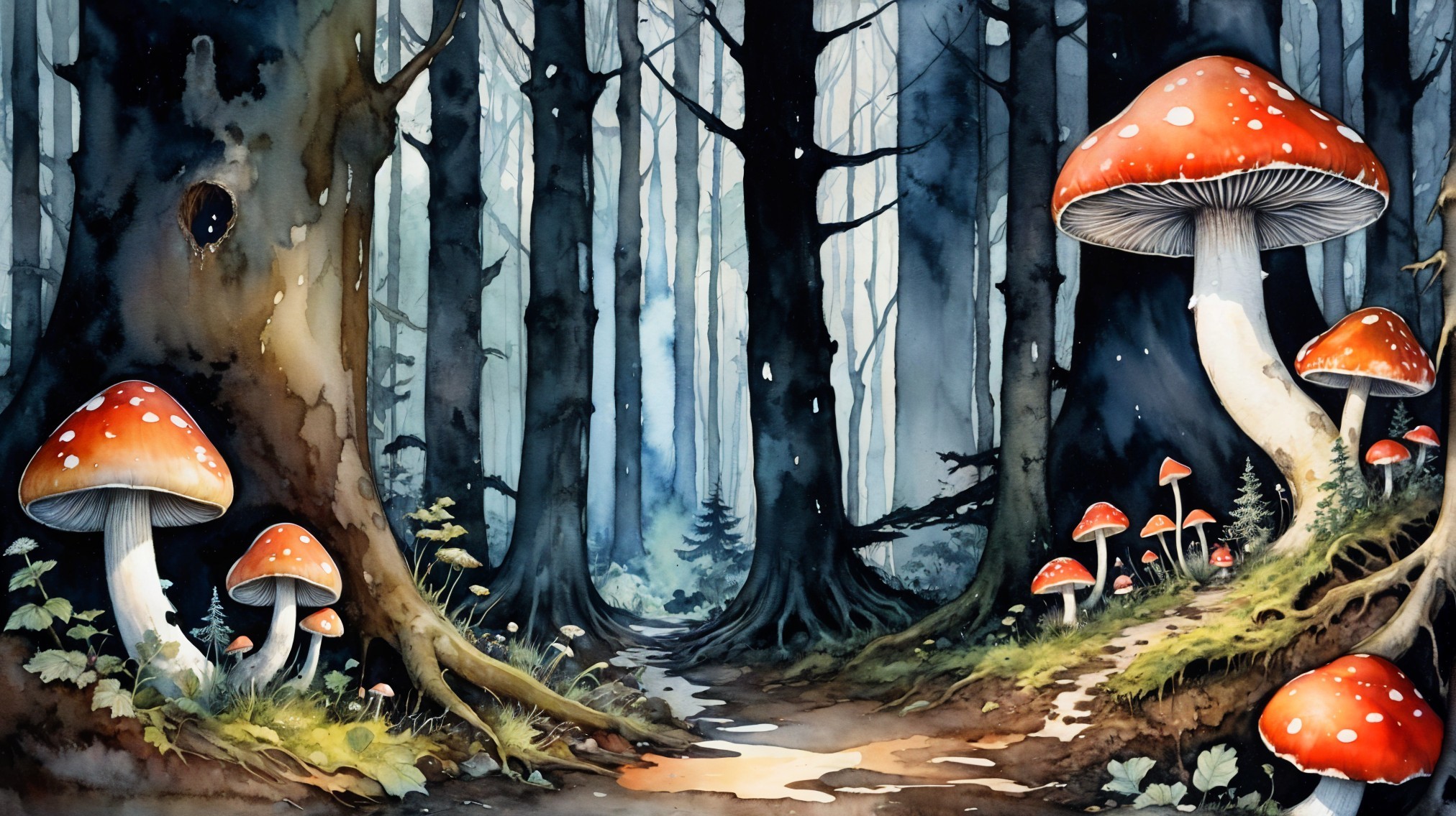 Mystical Forest with Dark Trees and Colorful Fungi