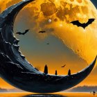 Surreal Landscape with Giant Moon and Tranquil Lake