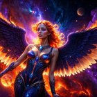 Celestial Figure with Colorful Wings in Cosmic Scene