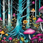 Vibrant Fantastical Forest with Whimsical Elements