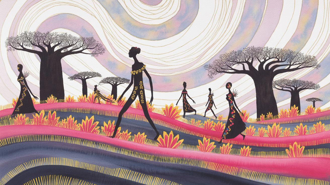 Stylized Illustration of Figures in Colorful Landscape