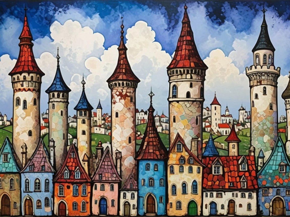 Whimsical Townscape with Colorful Houses and Towers