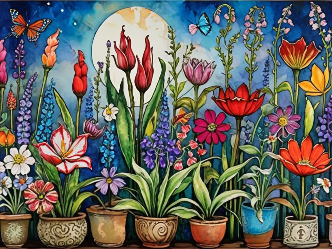 Vibrant Floral Scene with Colorful Flowers and Moon