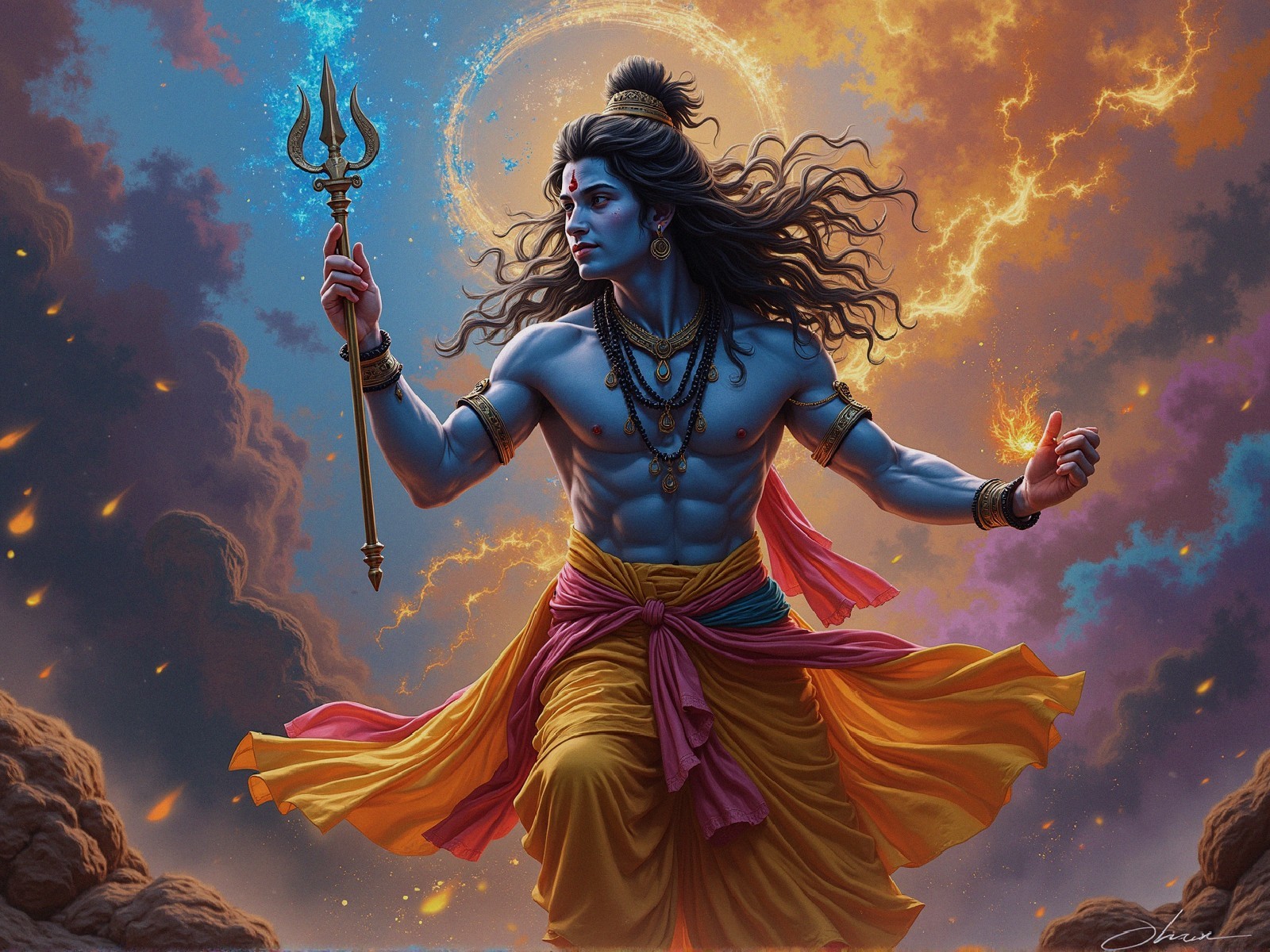 Divine Warrior with Trident Against Dramatic Sky