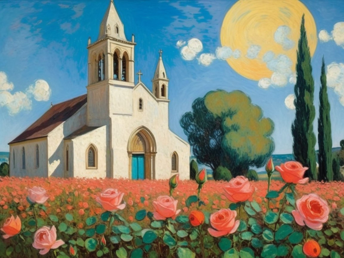 Quaint Church Surrounded by Blooming Pink Roses
