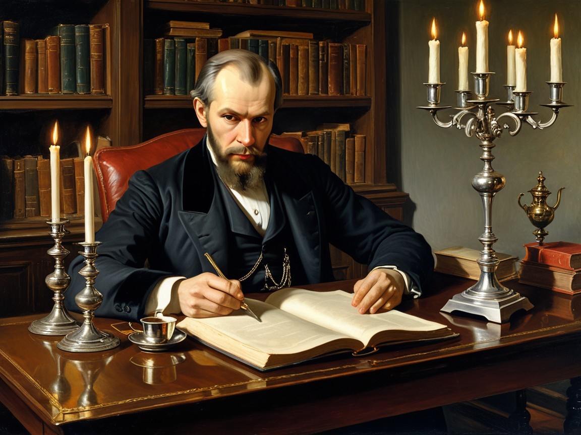 Distinguished man writing at an ornate wooden desk