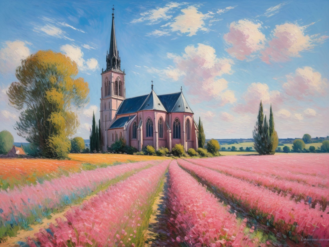 Charming Church Surrounded by Vibrant Flower Fields