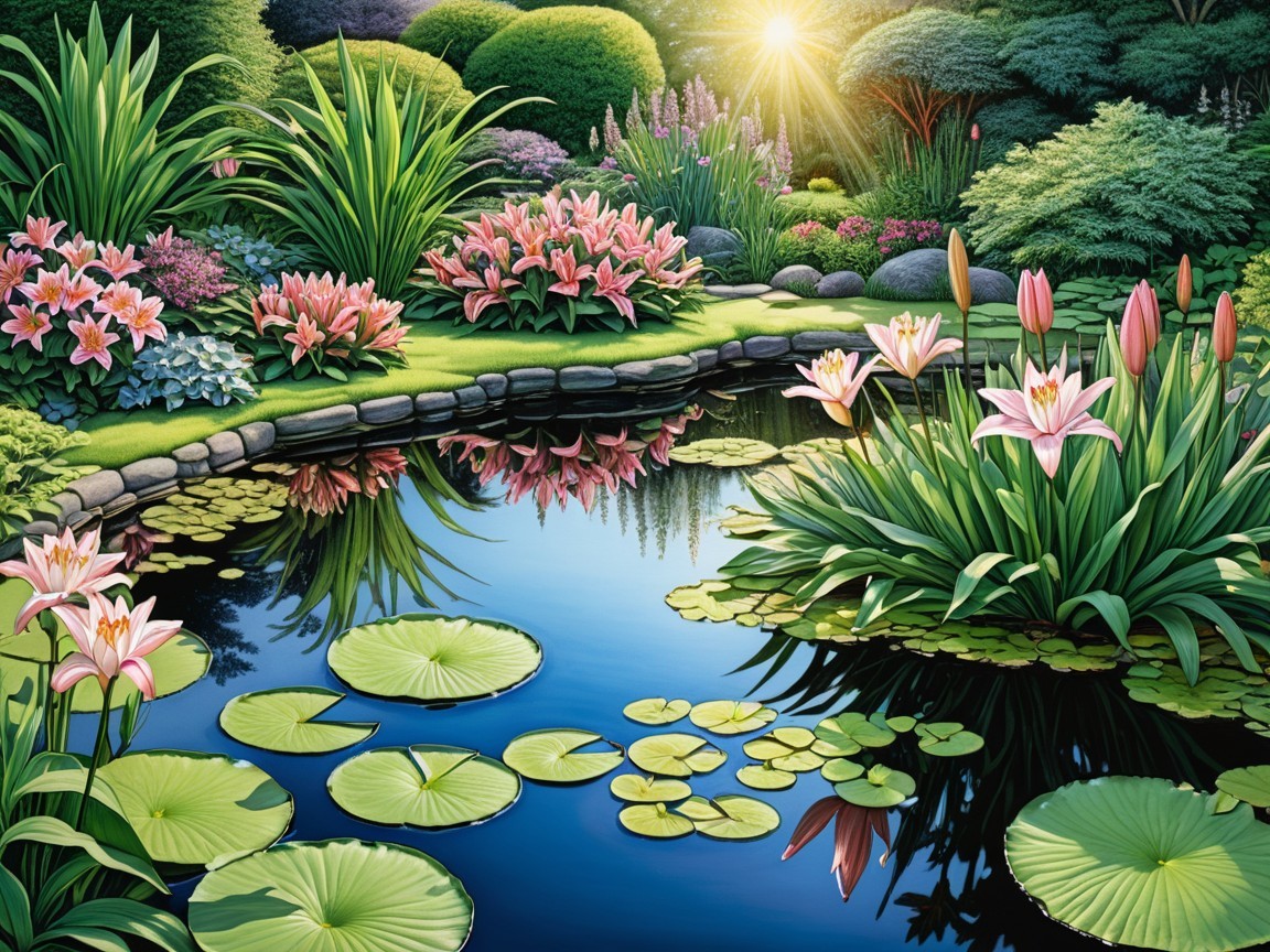 Vibrant Koi Pond with Water Lilies and Sunlight