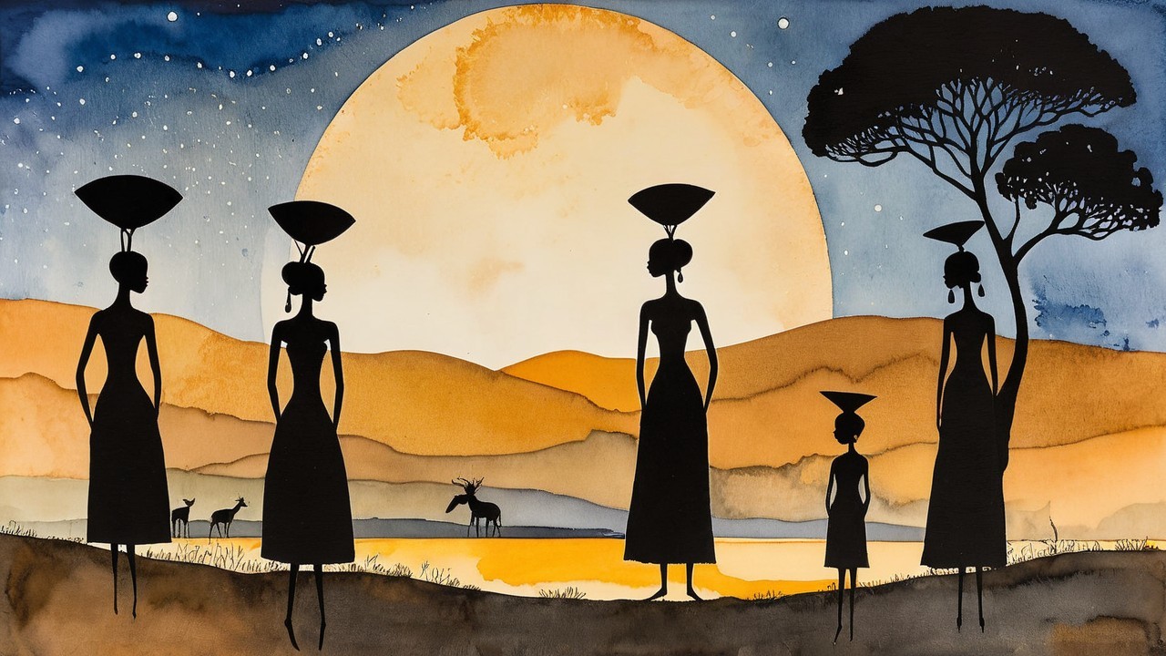 Silhouettes of Women and Child with Water Vessels at Sunset