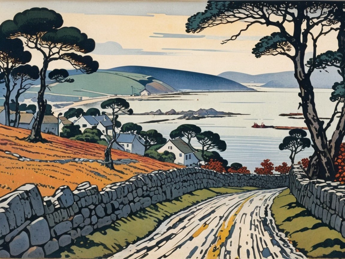 Tranquil Landscape with Winding Road and Sea View