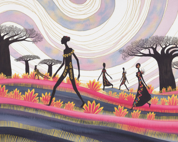 Stylized Illustration of Figures in Colorful Landscape