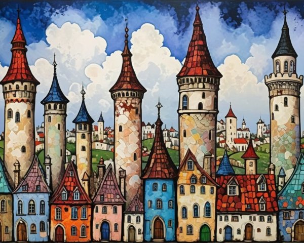 Whimsical Townscape with Colorful Houses and Towers