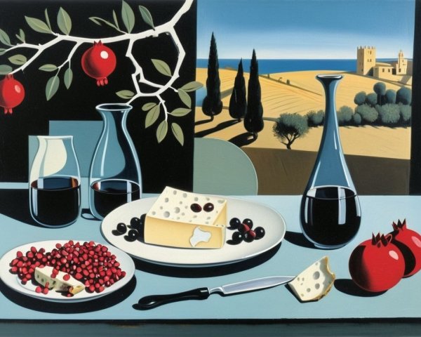 Still Life with Cheese, Wine, and Scenic Landscape