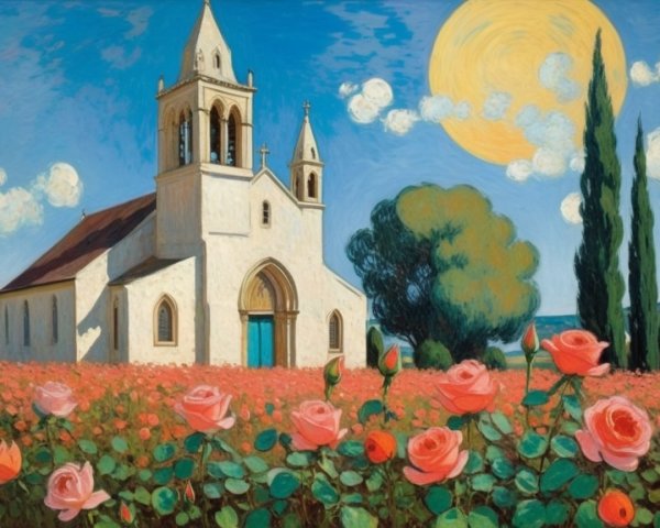 Quaint Church Surrounded by Blooming Pink Roses