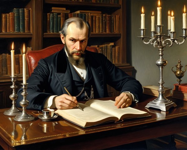 Distinguished man writing at an ornate wooden desk