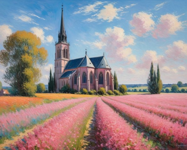 Charming Church Surrounded by Vibrant Flower Fields