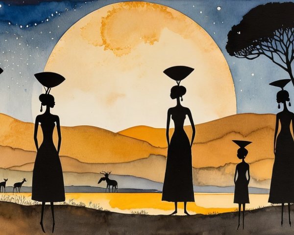 Silhouettes of Women and Child with Water Vessels at Sunset