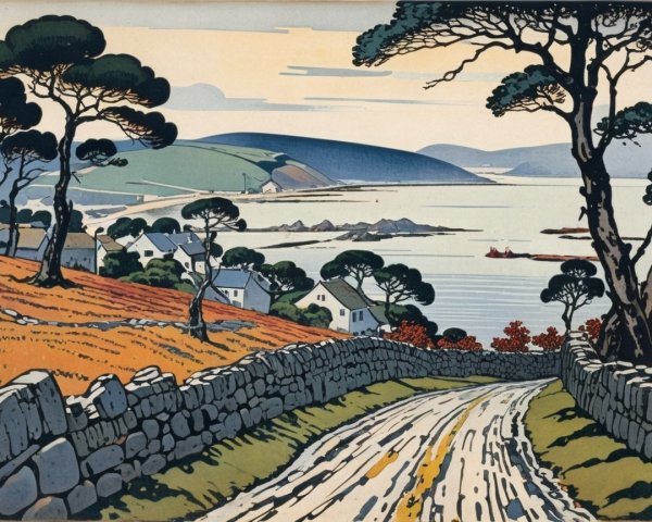 Tranquil Landscape with Winding Road and Sea View