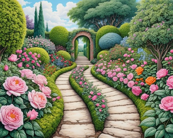 Winding Stone Pathway Through a Colorful Garden