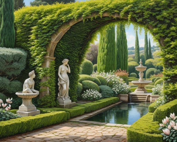 Lush Italian Garden with Stone Archway and Fountain