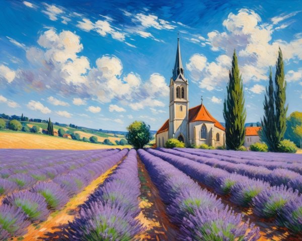 Blooming Lavender Fields with Quaint Church and Hills