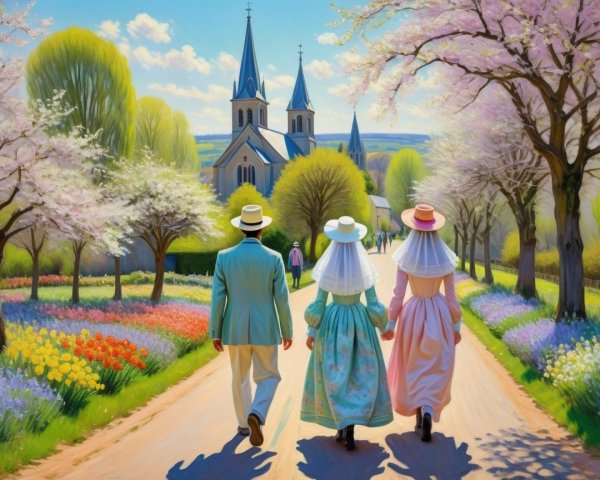 Elegant Stroll Through a Blooming Spring Landscape