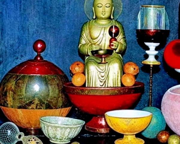 Decorative Bowls and Seated Figure Statue Arrangement