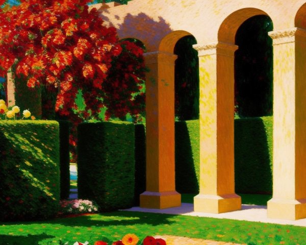 Vibrant Garden Scene with Colorful Flowers and Columns