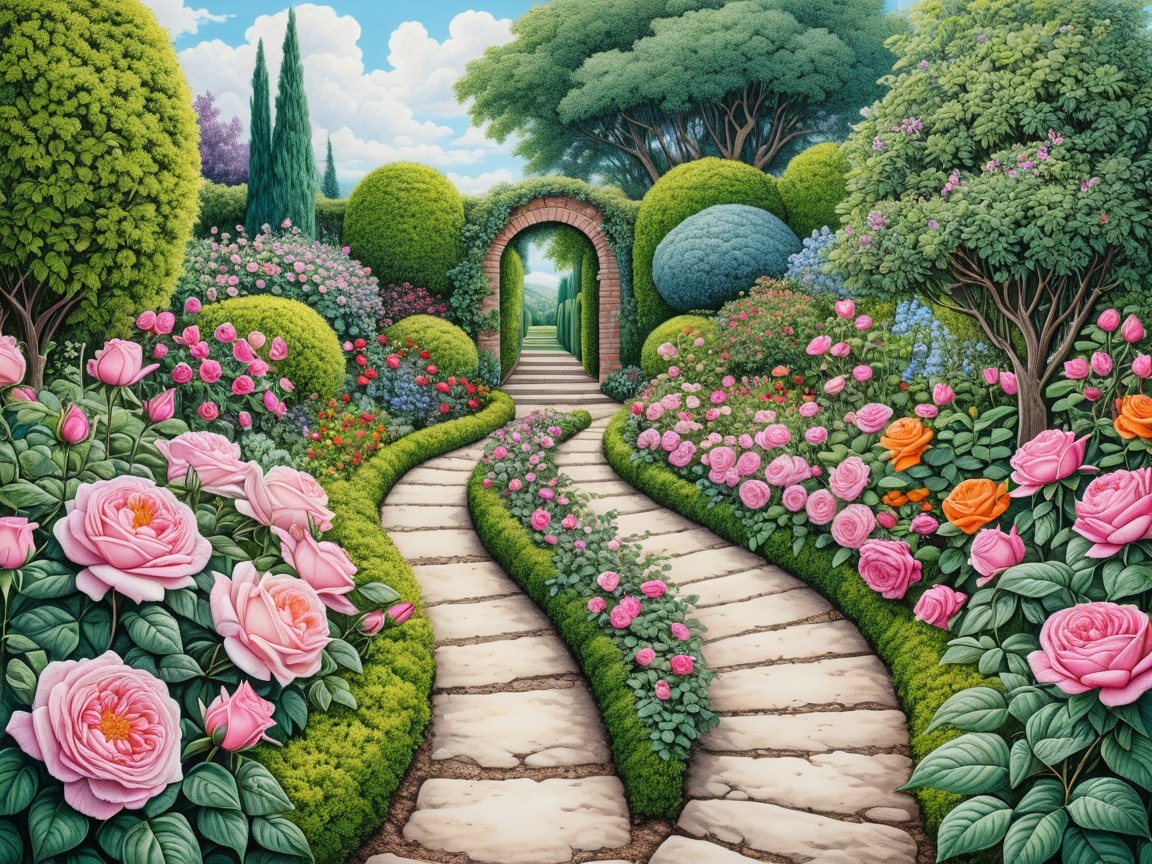 Winding Stone Pathway Through a Colorful Garden