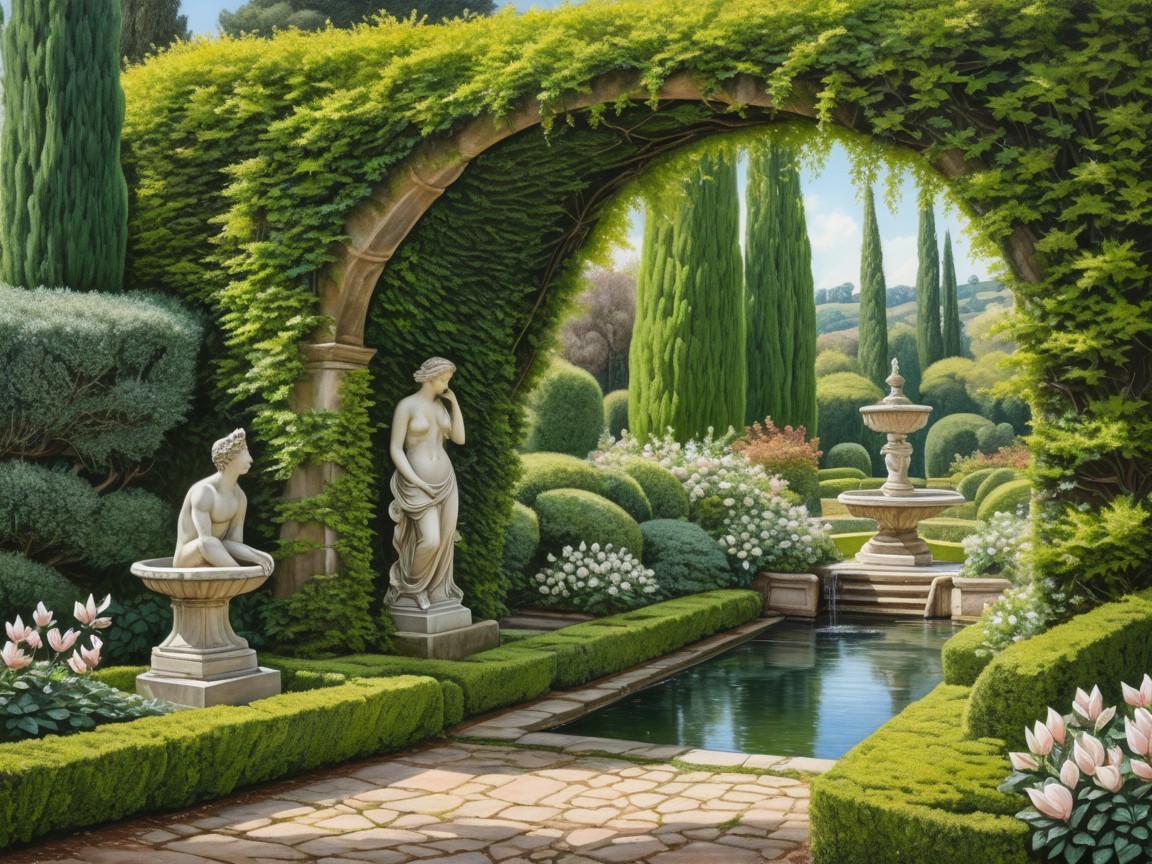 Lush Italian Garden with Stone Archway and Fountain