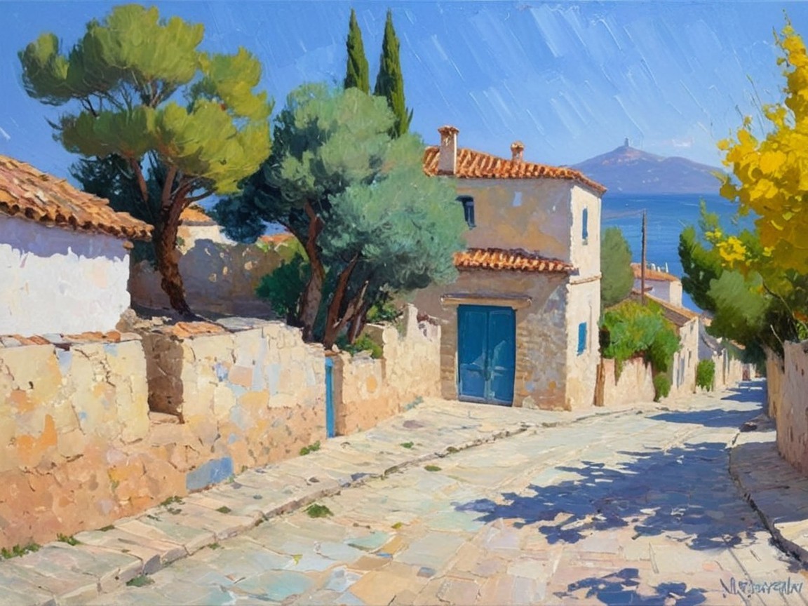 Impressionistic Painting of a European Village Street