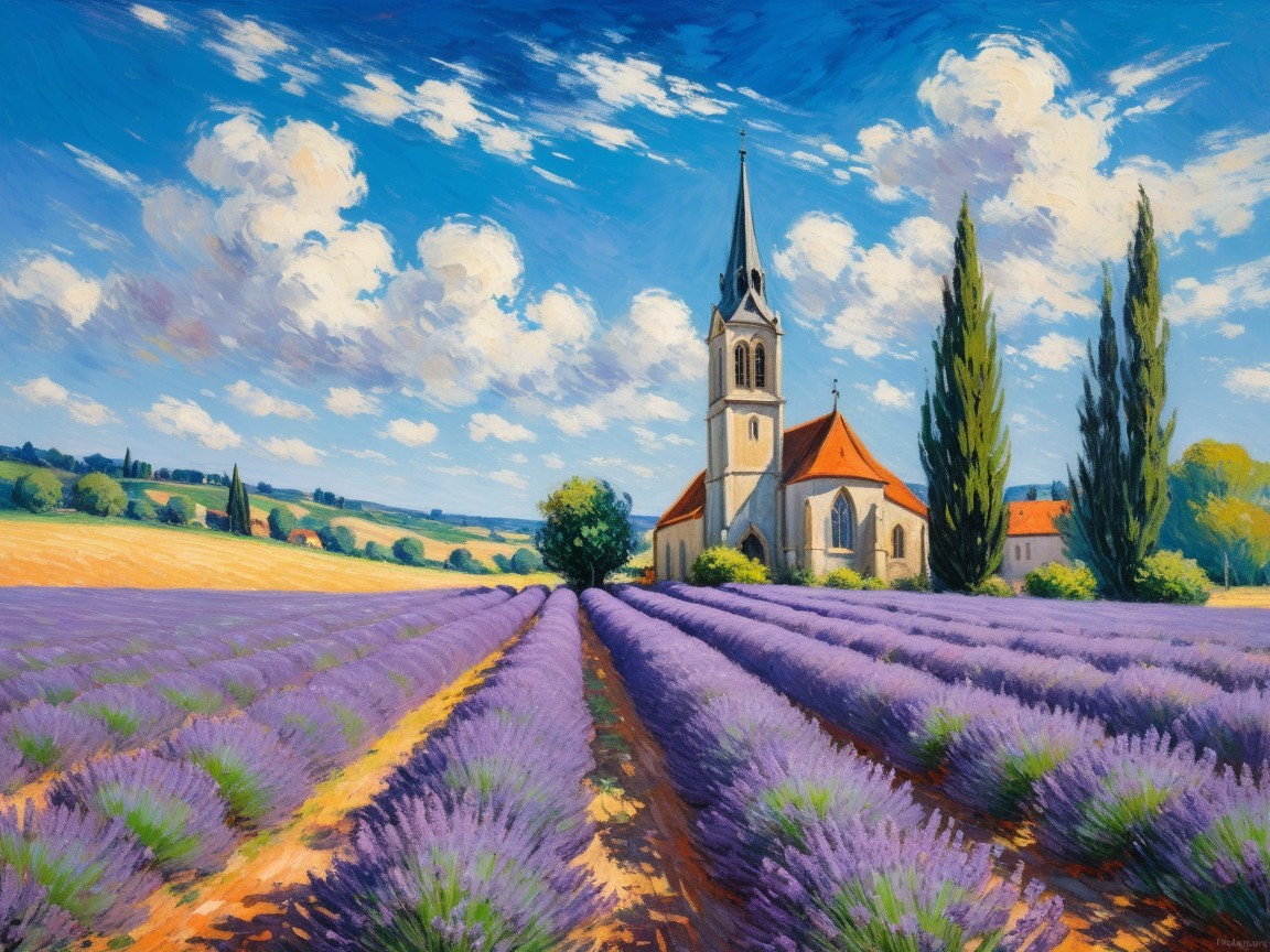 Blooming Lavender Fields with Quaint Church and Hills