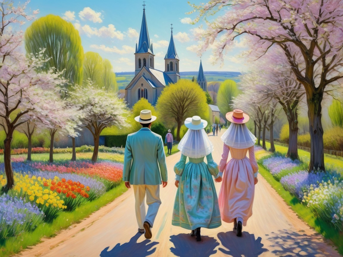Elegant Stroll Through a Blooming Spring Landscape