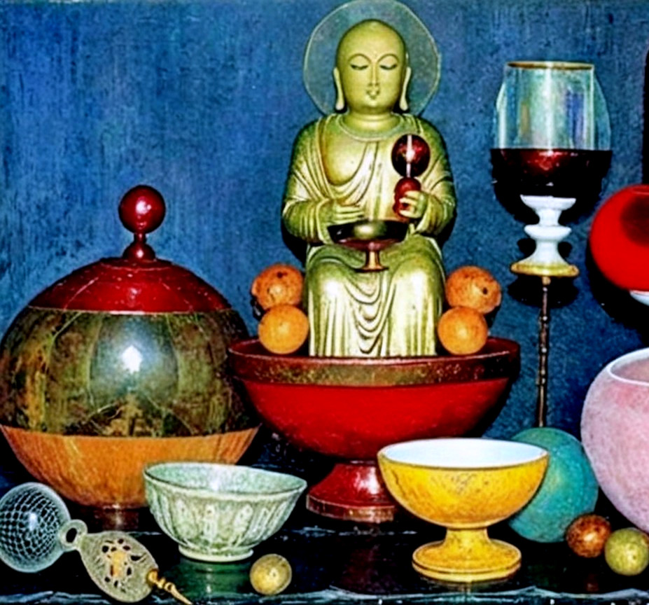 Decorative Bowls and Seated Figure Statue Arrangement