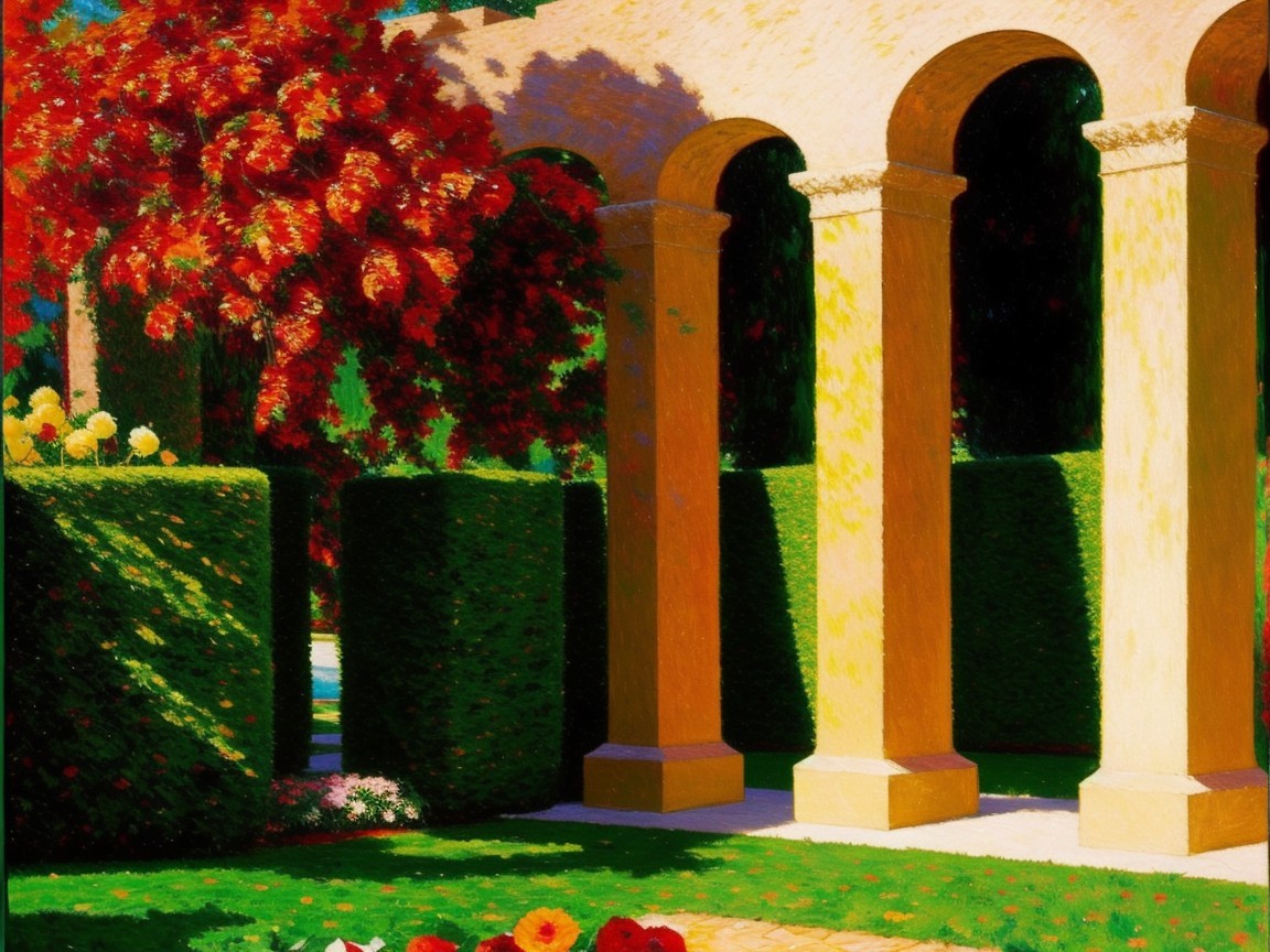 Vibrant Garden Scene with Colorful Flowers and Columns
