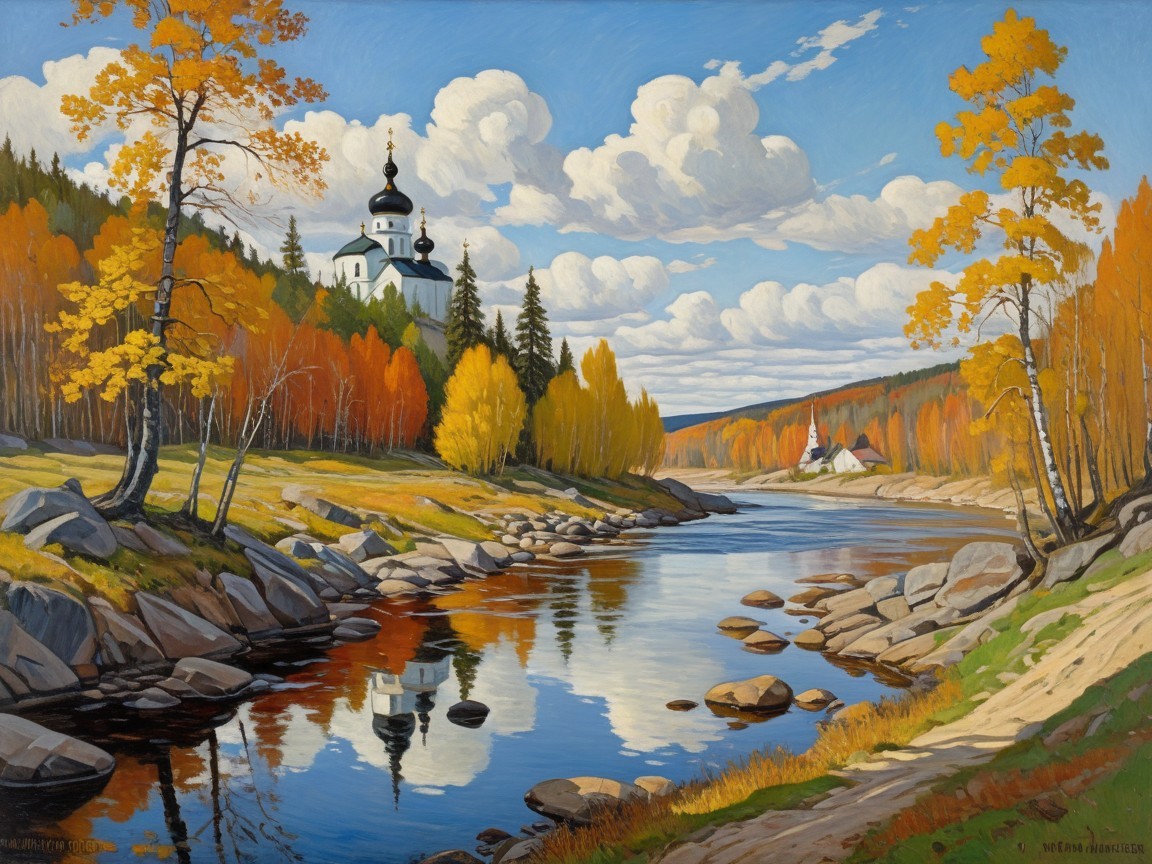 River Curving Past Churches Amid Autumn Foliage